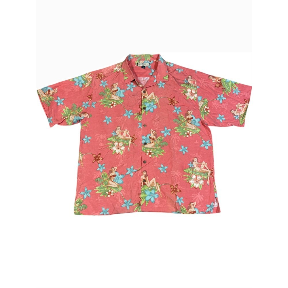 Tommy Bahama Men's XL Silk Hawaiian Shirt Pinup Girl‎ Print Coral Short Sleeve